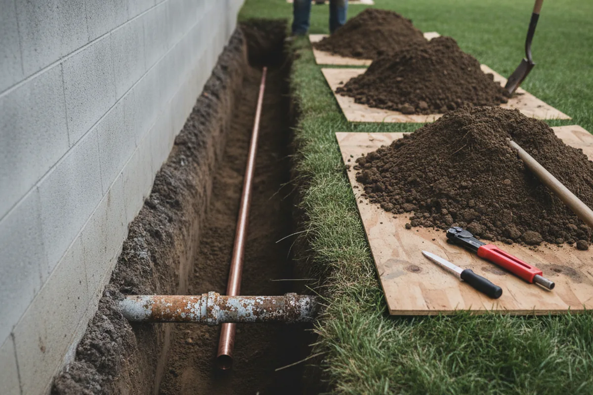 Excavated water line trench during Sewer Line Repair in Beaver
